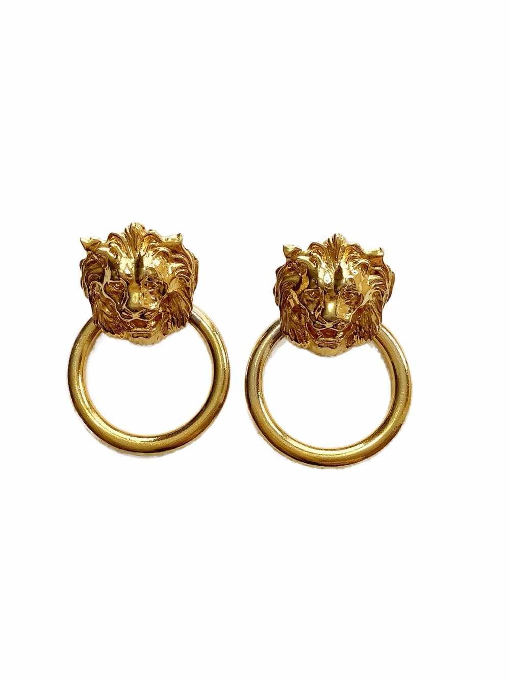VTG ANNE KLEIN Lion Head Door Knocker Hoop Earrings Gold Statement Chunky